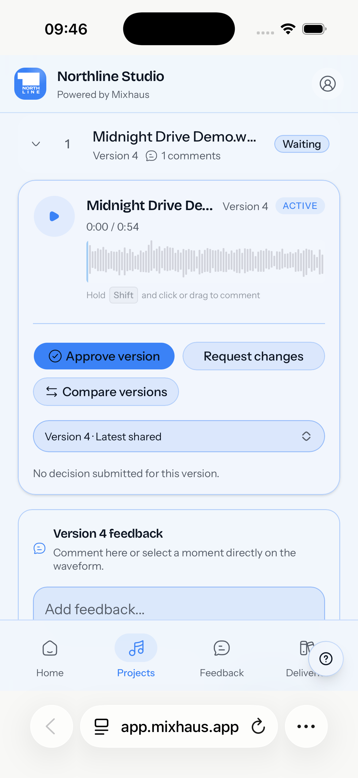 Mixhaus client review on a phone with playback, waveform feedback, and approval actions