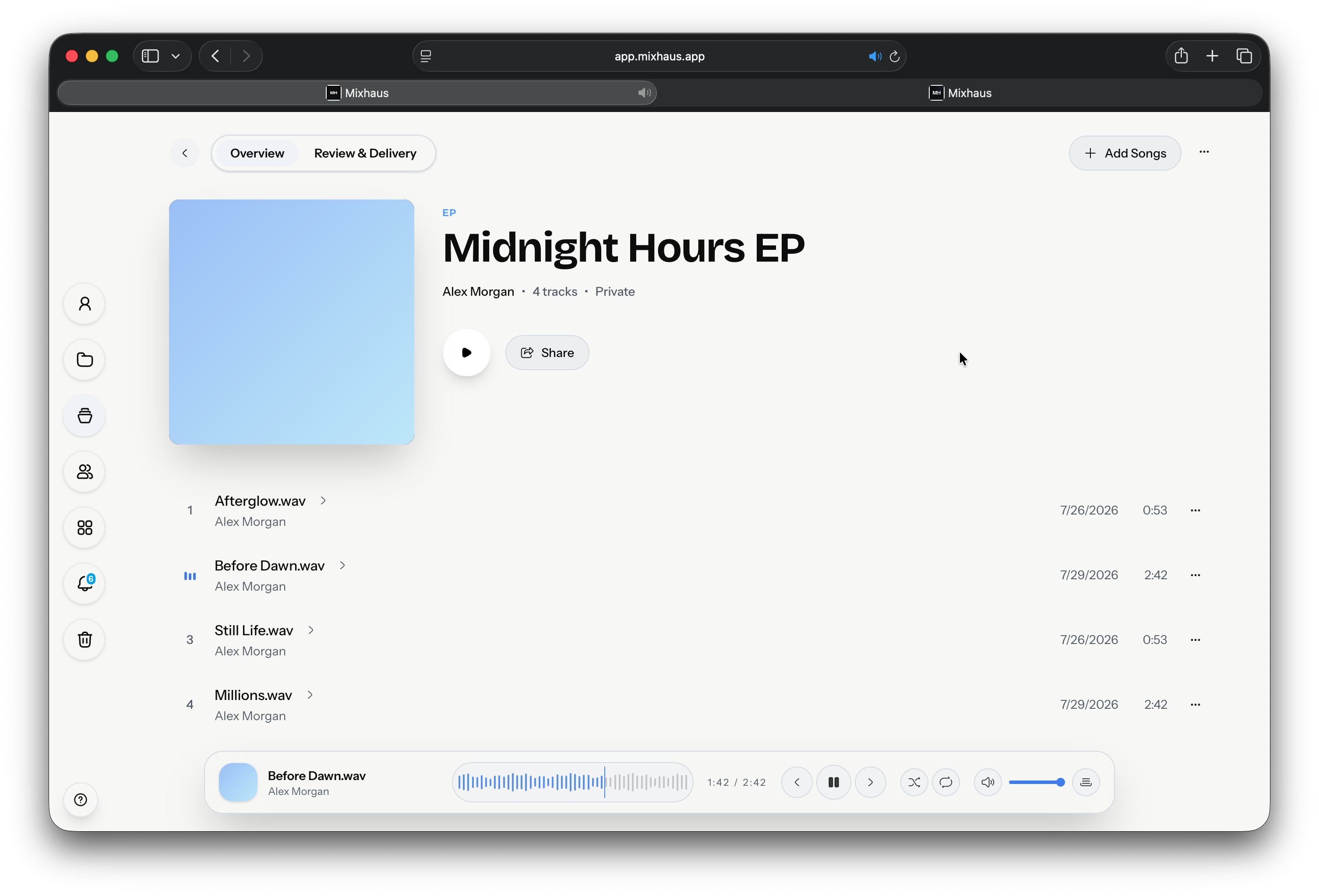 Mixhaus web app showing the Midnight Hours EP project with four tracks and a version playing